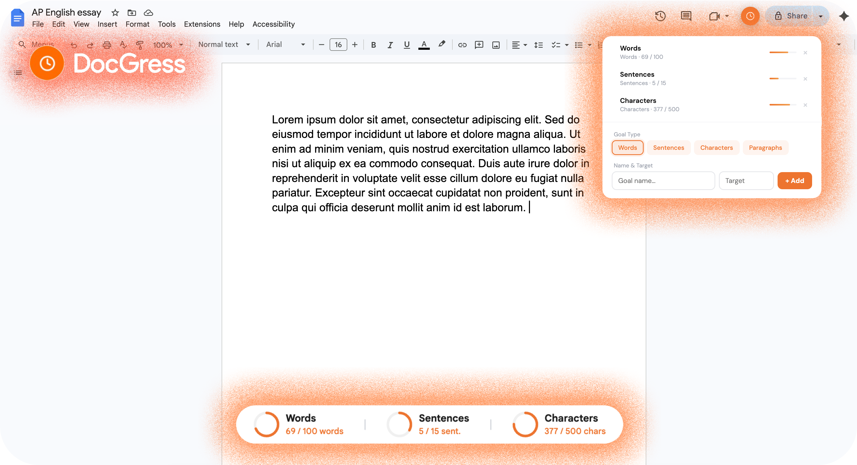 DocGress in action, writing goals bar inside Google Docs